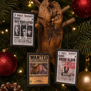 May include: Three rectangular ornaments featuring Daily Prophet newspaper covers and a Wanted poster. One shows Boy Who Lived with Granger, Potter, and Weasley. Another shows Sirius Black Sighted. The third is a Wanted Albus Dumbledore poster.