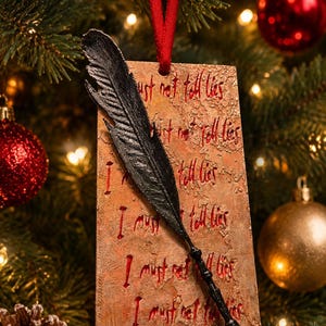 May include: A rectangular ornament featuring a textured, weathered tan surface with the phrase I must not tell lies written in red ink multiple times. A black quill pen is attached diagonally across the front, suspended by a red ribbon loop.