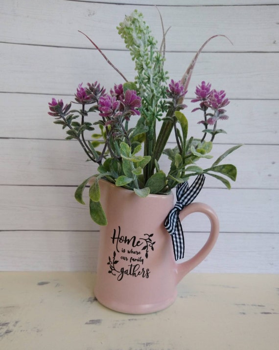 Small farmhouse pitcher with flowers and buffalo check ribbon Tier tray
