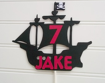 personalized pirate ship birthday party cake topper, pirate party decorations for a boy or girl