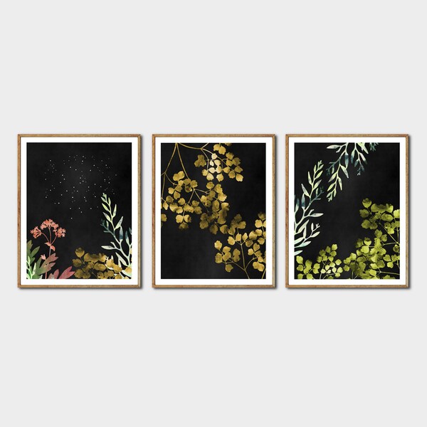 Botanical Art Set of 3 -  Nature Wall Art Set, Floral Poster Set, Modern Print Set, Celestial Watercolor Paintings, Leaf Prints, Flowers