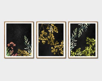 Botanical Art Set of 3 -  Nature Wall Art Set, Floral Poster Set, Modern Print Set, Celestial Watercolor Paintings, Leaf Prints, Flowers