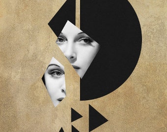 Art Deco Print, Mixed Media Collage Art, Geometric Art, Vintage Photo Woman, Surreal Art, Portrait // Fixation