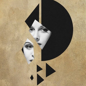 Art Deco Print, Mixed Media Collage Art, Geometric Art, Vintage Photo Woman, Surreal Art, Portrait // Fixation