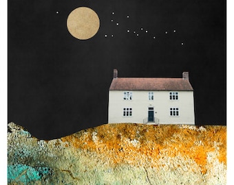 Solitude - Nature Art Print, Moon and Stars, Landscape Painting, Moon Art, Hygge, Celestial Art, Mixed Media Collage, House, Giclee Print