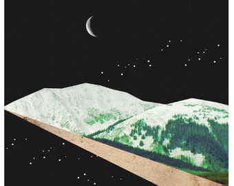 Silent Journey - Mountain Artwork, Geometric Poster, Surreal Landscape Print, Moon and Stars, Moon Art, Mixed Media Collage