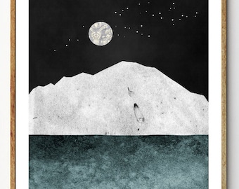 Silver Moon - Iceberg Art Print, Ocean Decor, Moon Art, Nature Print, Nautical Decor, Surreal Mountain Art, Starry Night, Home Decor