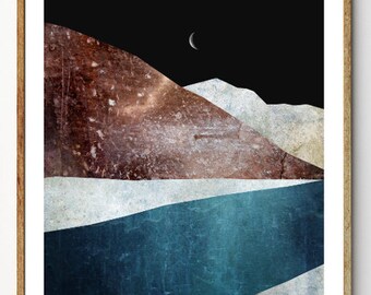 Glacial River - Mountain Painting, Crescent Moon Print, Surreal Nature Poster, Scandinavian Art, Glaciers, Night Sky, Lake Decor, Iceberg