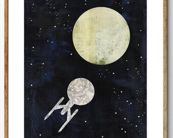 Starship - Space Art Print, Space Ship Art, Moon Art, Sci Fi Art, Moon and Stars, Outer Space, Celestial Art, Mixed Media, Planet Art