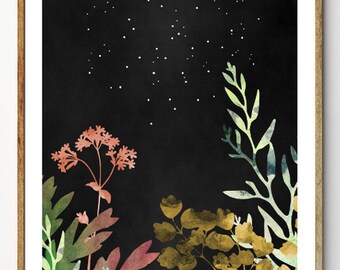 Midnight Forest - Botanical Print, Floral Art, Forest Print, Watercolor Flowers, Leaf Print, Forest Nursery, Starry Sky, Nature Art