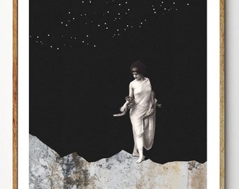 Lilith - Surreal Art, Space Art Print, Mixed Media Collage, Vintage Women, Celestial Art, Starry Sky, Mountain Art, Home Decor