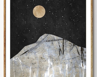 Quest - Mountain Art, Nature Art, Moon and Stars, Moon Art, Mixed Media Collage Art, Giclee Print