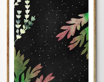 Quiet Night - Floral Print, Botanical Print, Space Art, Leaf Print, Forest Art, Surreal Art, Woodland Nursery, Starry Sky, Nature Art