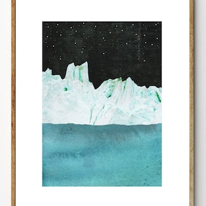 Arctic Night - Iceberg Painting, Iceberg Art Print, Nature Art, Ocean Painting, Home Decor, Mixed Media Collage, Mountain Art, Starry Night