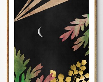 Crescent Moon - Botanical Poster, Floral Print, Geometric Art, Moon Art, Woodland Nursery, Leaf Print, Forest Print, Nature Art