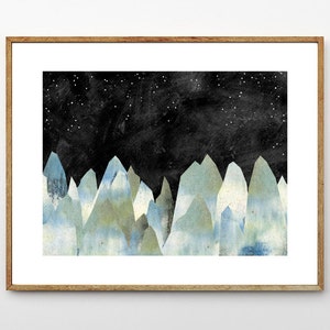 Mountain Decor, Celestial Watercolor Painting, Nature Artwork, Surreal Landscape Painting, Starry Night, Stars // The Icy Mountains