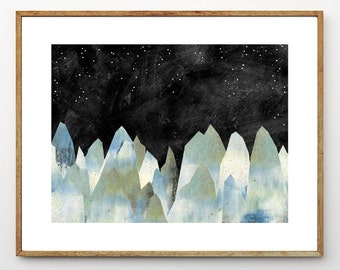 Mountain Decor, Celestial Watercolor Painting, Nature Artwork, Surreal Landscape Painting, Starry Night, Stars // The Icy Mountains