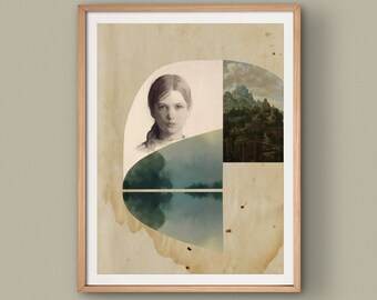Escape - Surreal woman collage, modern scandinavian art print, vintage drawing
