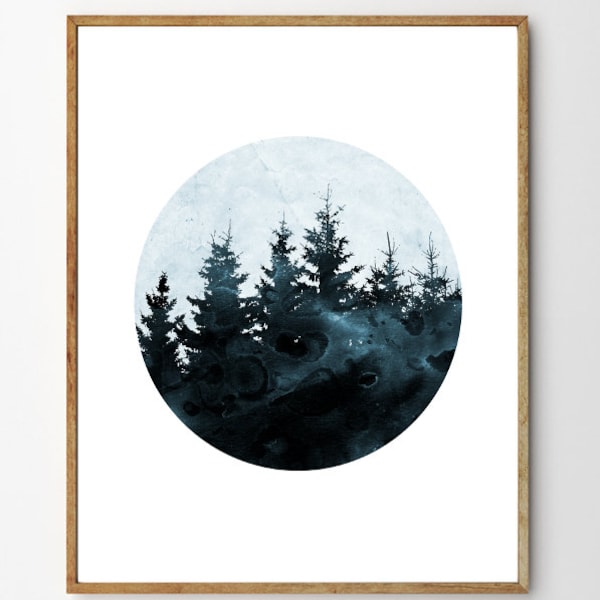 Forest Art Print, Forest Poster, Woodland Nursery, Enchanted Forest, Home Decor, Nature Art, Collage Art, Blue Wall Art // Winter Forest