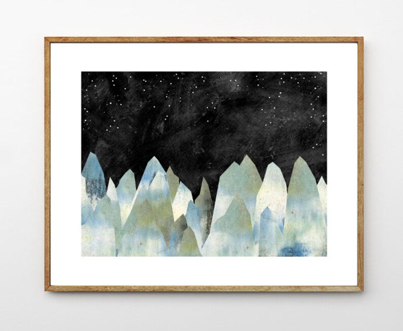 Mountain Decor, Celestial Watercolor Painting, Nature Artwork, Surreal Landscape Painting, Starry Night, Stars // The Icy Mountains image 1