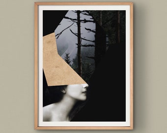 Vision - Surreal woman collage art, Abstract forest artwork, mixed media modern scandinavian art print, photo collage