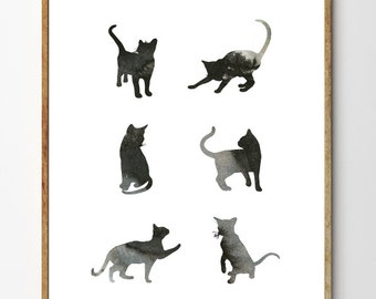 Black Cat Art Print, Cat Painting, Cat Wall Art, Nursery Art Animal, Cat Decor, Watercolor Animals // Six Cats