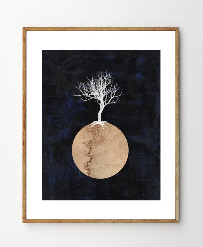 Silver Tree Surreal Art, Tree of Life Art, Tree Painting, Scandinavian Print, Space Art, Geometric Art, Mixed Media, Nature Art, Abstract image 1