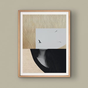 In Flight - Mixed media photo collage, surreal woman and bird art print, scandinavian modern art