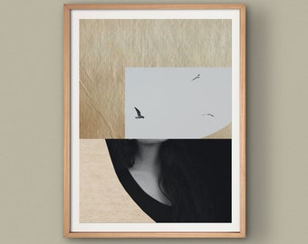 In Flight - Mixed media photo collage, surreal woman and bird art print, scandinavian modern art