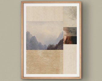 Surreal woman photo collage art, modern scandinavian wall art print, mountain painting // Paths