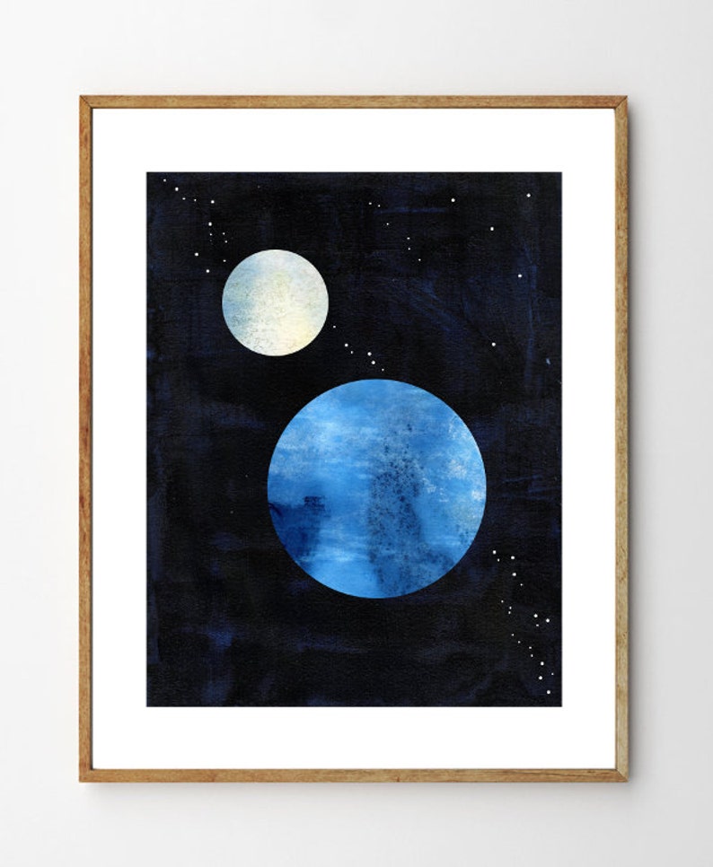 Earth and the Moon Space Art, Moon Painting, Sci Fi Art, Space Nursery Art, Planets, Collage Art, Moon and Stars image 1