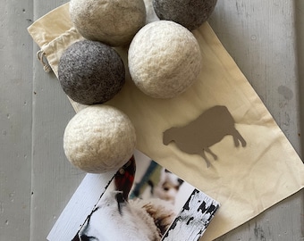 100 % Wool Dryer Balls Gift Set . Set of 5 Handmade, Quality Wool Products from the Farm, Unscented, Undyed. Storage bag & note card.