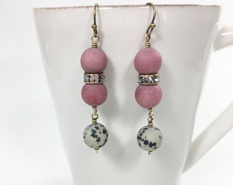 Pink Mixed Beaded Gemstone Drop Dangle Earrings, Eclectic Stylish Classy Casual Handmade Fashion Jewelry Gift Shop USA