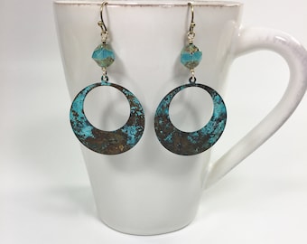 Brass Patina Big Gypsy Hoop Pierced Earrings, Blue Earth Tones with Darkened Brass, Boho Bohemian Style Handmade Jewelry Gift for Her