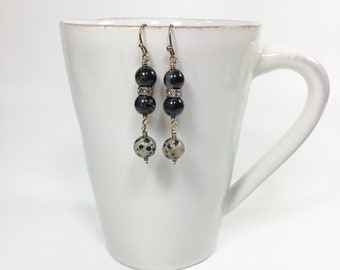Black Tourmaline and Jasper Beaded  Dangle Earrings, Dark Earth Tone Mixed Colors, Artisan Jewelry Handmade in America