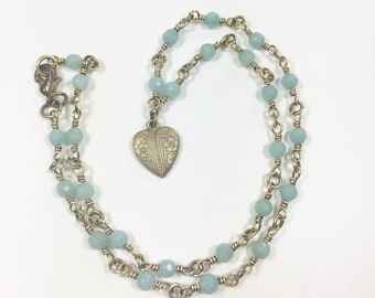 Small Brass Heart Beaded Necklace, 16" Wire Wrapped Tiny Blue Natural Amazonite Stone Bead Chain, Handmade Jewelry, Love Gift