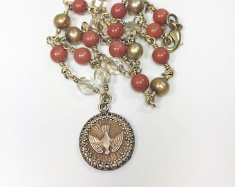 Holy Spirit Peace Dove Necklace, Red Mixed Rosary Style Beaded Chain, Handmade Religious Spiritual Catholic Christian Jewelry Gift for Her