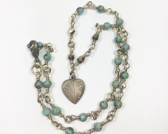 Heart Choker, Tiny Brass Heart on African Turquoise Jasper Beaded Chain, Earthy Minimalist Boho Style Handmade Jewelry, Unique Gift