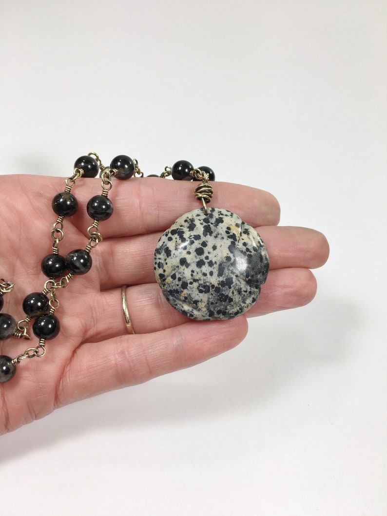 Black Tourmaline Beaded Necklace with Large Jasper Flower Pendant, One-of-a-Kind Artisan Jewelry, Handmade in America image 6