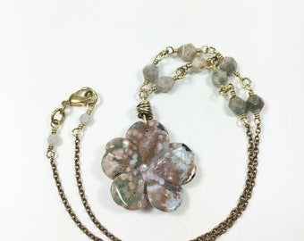 Short Earthy Stone Flower Pendant Necklace, Mauve Earth Tones, Fall Autumn Handmade Fashion Jewelry Gift Shop USA