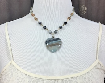 Chunky Amazonite Heart Statement Necklace, Blue Brown Grey Earth Tones, Brass Wire Wrapped Short Stone Beaded Chain and Large Pendant