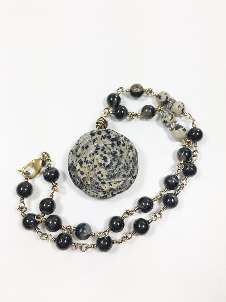 Black Tourmaline Beaded Necklace with Large Jasper Flower Pendant, One-of-a-Kind Artisan Jewelry, Handmade in America image 1