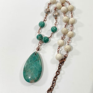 Chunky Natural Stone Statement Necklace, Aqua Cream and Copper Earth Tones, Handmade Artisan Jewelry USA Shop