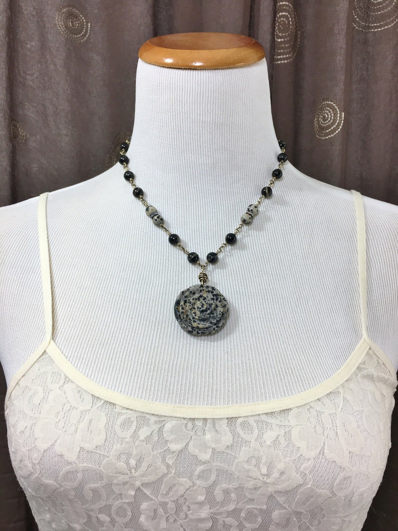 Black Tourmaline Beaded Necklace with Large Jasper Flower Pendant, One-of-a-Kind Artisan Jewelry, Handmade in America image 9