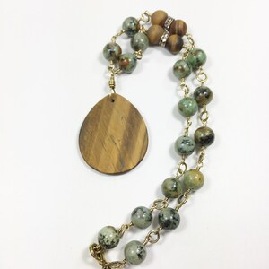 Green Brown Earth Tone Chunky Stone Beaded Statement Necklace with Large Tiger Eye Pendant, Unique Earthy Artisan Handmade Jewelry