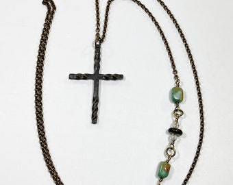 Long Rustic Cross Necklace, Dark Brass Earth Tones with Green Turquoise and Bronzite Stone Beads, Artisan Handmade Jewelry