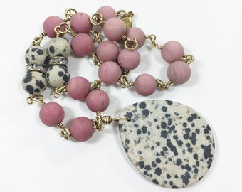 Pink Black Chunky Gemstone Beaded Statement Necklace with Large Stone Pendant, Earthy Eclectic One-of-a-Kind Artisan Jewelry