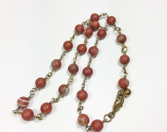 Short Red Jasper Bead Choker Necklace, Brass Wire Wrapped Natural Gemstones, Rosary Style Beaded Chain, Earthy Minimalist Handmade Jewelry