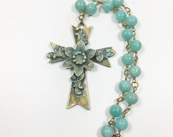 Bold Artisan Cross Choker Statement Necklace, Blue Gemstone Beaded Chain with Huge Ornate Floral Cross Pendant, One-of-a-Kind Jewelry