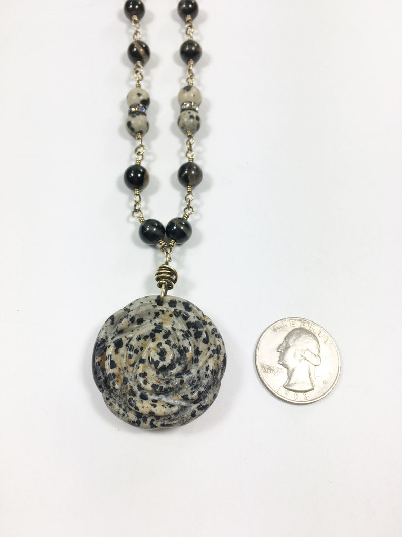 Black Tourmaline Beaded Necklace with Large Jasper Flower Pendant, One-of-a-Kind Artisan Jewelry, Handmade in America image 3